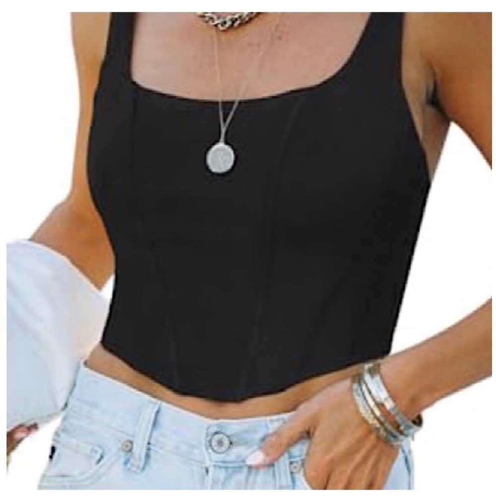 REORIA Corset Top Women Large Black NEW Square Neck Zip Back Boning Crop Tank
